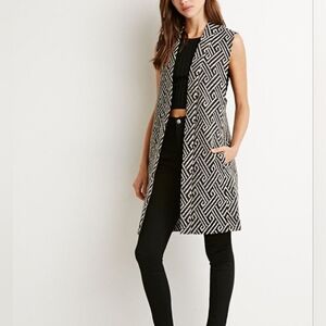 Forever 21 Black and White Geometric Long Line Vest